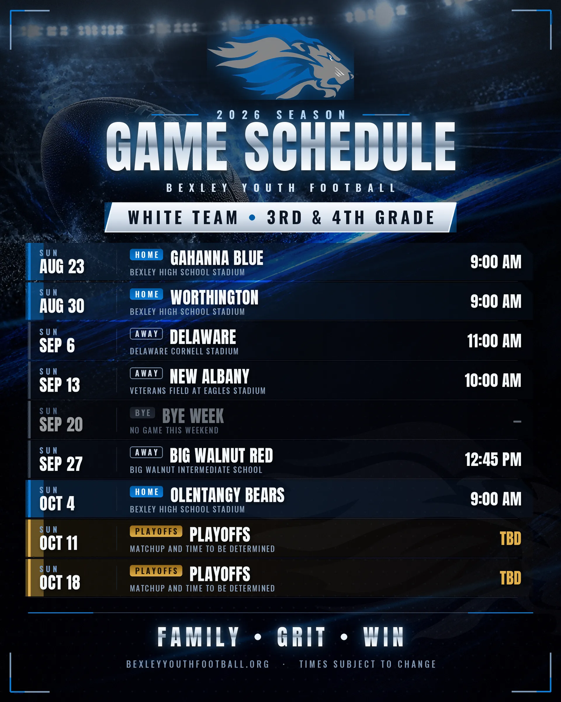 The 2026 White team schedule graphic — every game, bye, and playoff date.