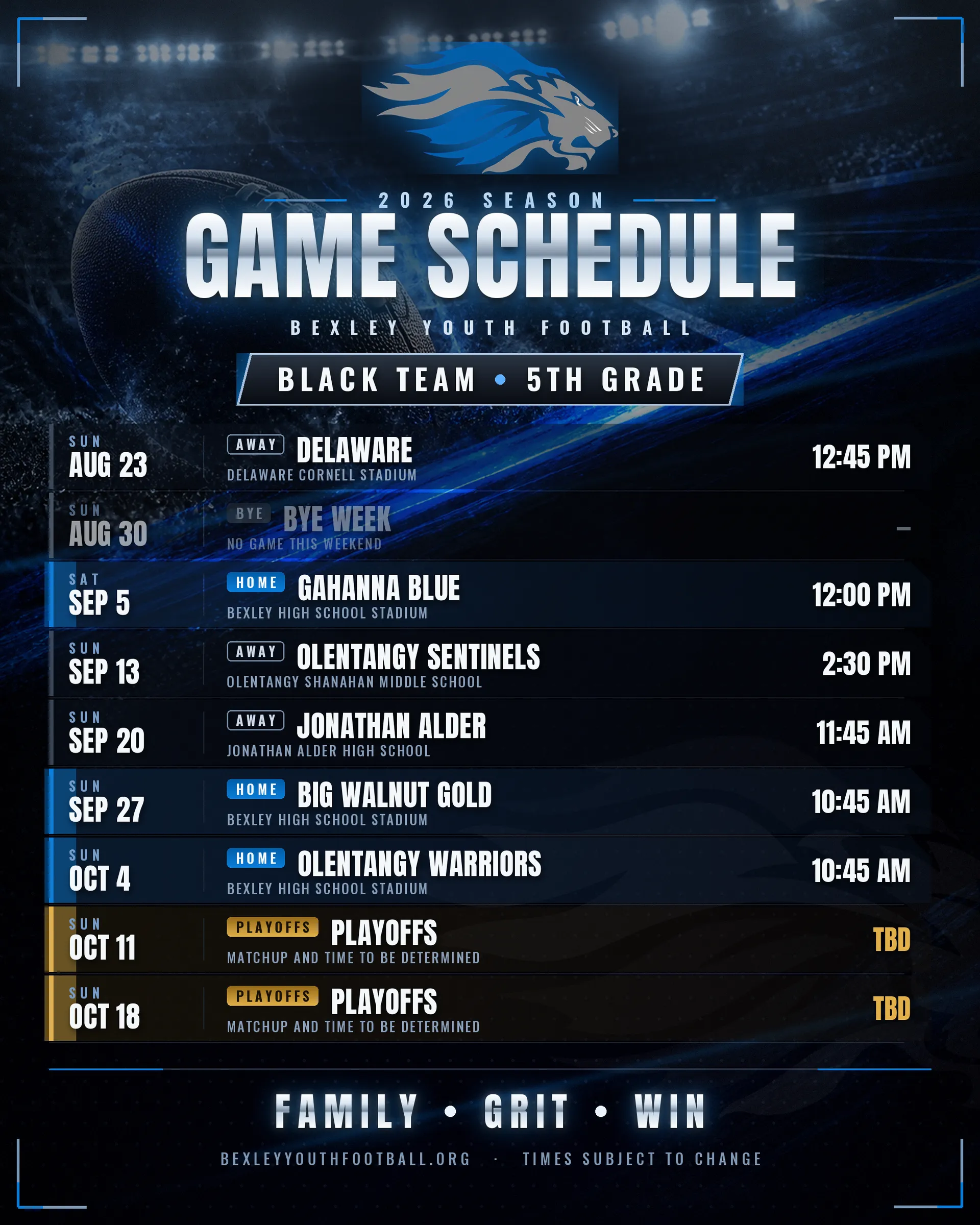 The 2026 Black team schedule graphic — every game, bye, and playoff date.