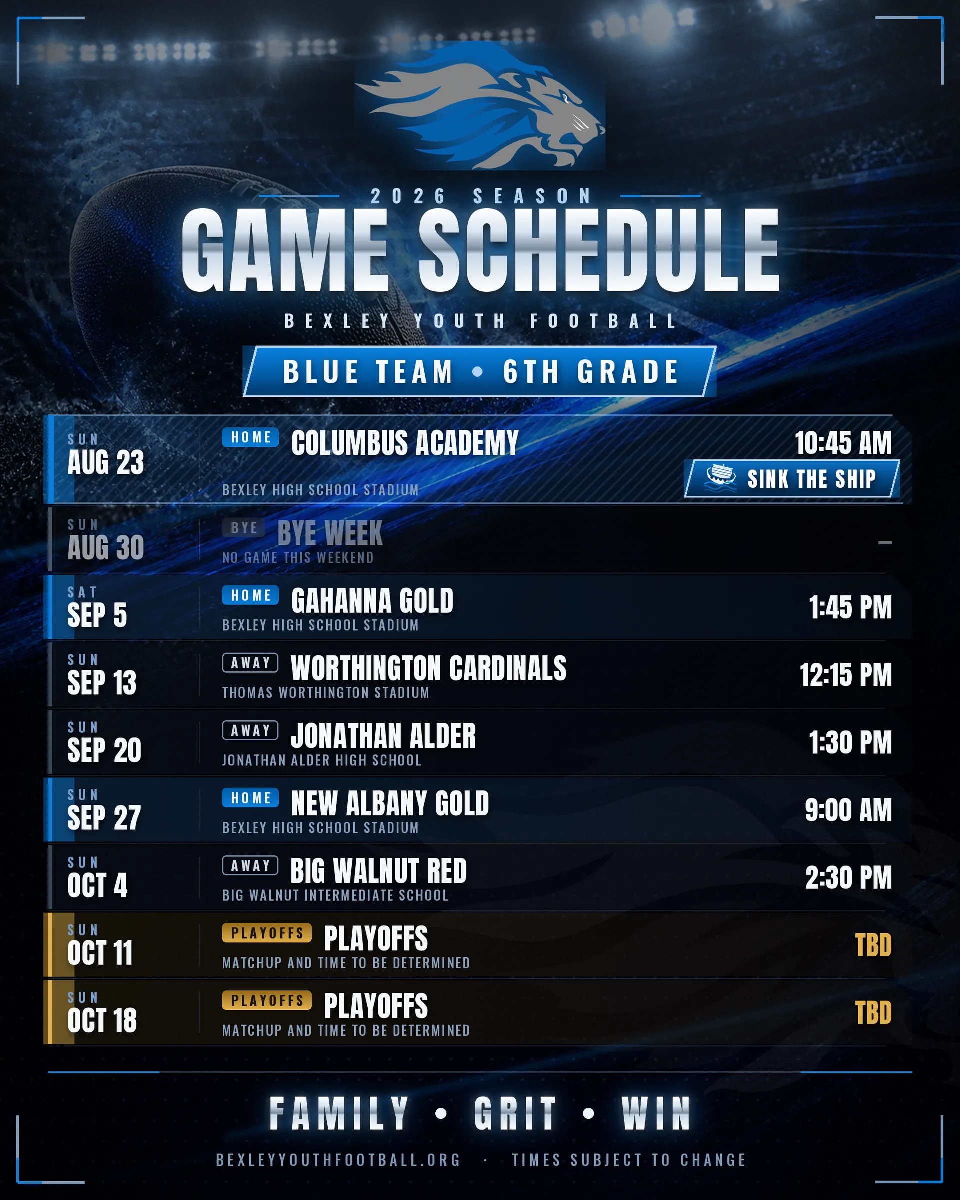 The 2026 Blue team schedule graphic — every game, bye, and playoff date.